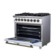 FORNO Massimo 36-Inch Freestanding Dual Fuel Range, 6 Sealed Burners, 5.36 cu. ft. Convection Oven, Air Fry Basket, Wok Support, Griddle, Black with Antique Brass Accents (Model FFSGS6125-36WHT)