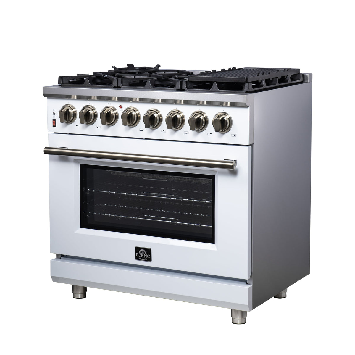 FORNO Massimo 36-Inch Freestanding Dual Fuel Range, 6 Sealed Burners, 5.36 cu. ft. Convection Oven, Air Fry Basket, Wok Support, Griddle, Black with Antique Brass Accents (Model FFSGS6125-36WHT)