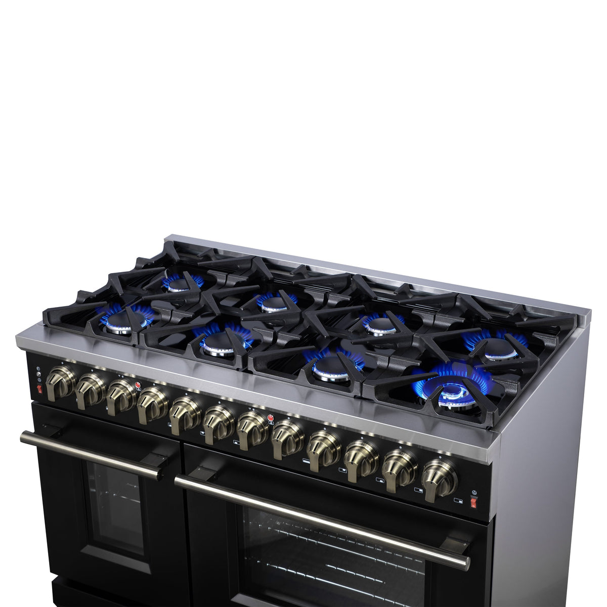 Forno Massimo 48-Inch Freestanding Dual Fuel Range, 6.58 Cu. Ft., 8 Sealed Burners, Air Fryer Kit, Black with Antique Brass, Model FFSGS6125-48BLK