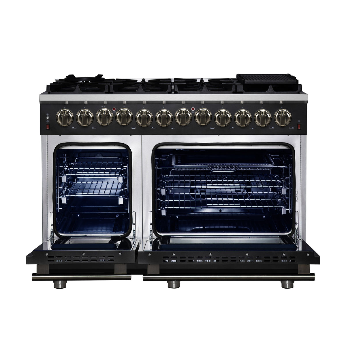 Forno Massimo 48-Inch Freestanding Dual Fuel Range, 6.58 Cu. Ft., 8 Sealed Burners, Air Fryer Kit, Black with Antique Brass, Model FFSGS6125-48BLK