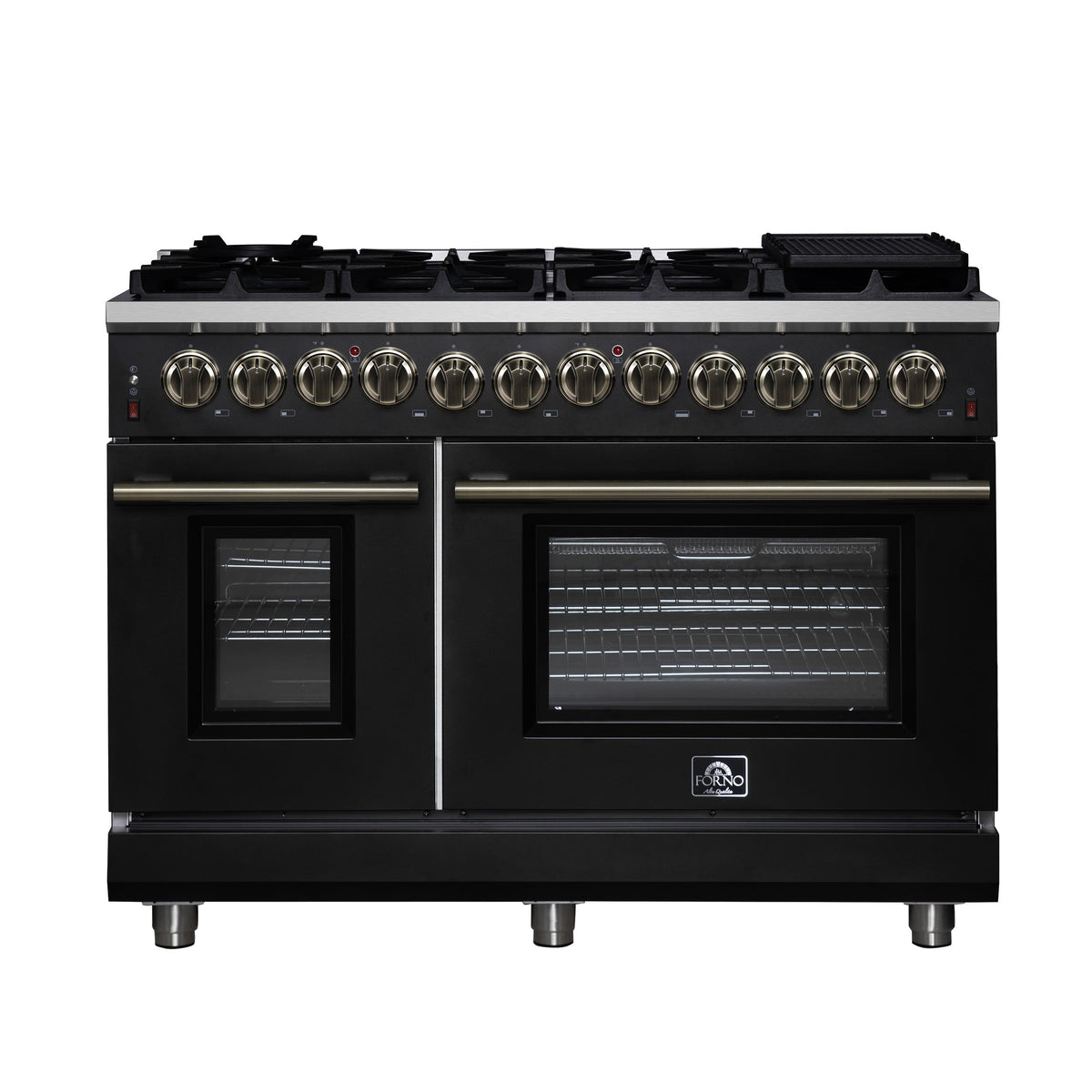 Forno Massimo 48-Inch Freestanding Dual Fuel Range, 6.58 Cu. Ft., 8 Sealed Burners, Air Fryer Kit, Black with Antique Brass, Model FFSGS6125-48BLK