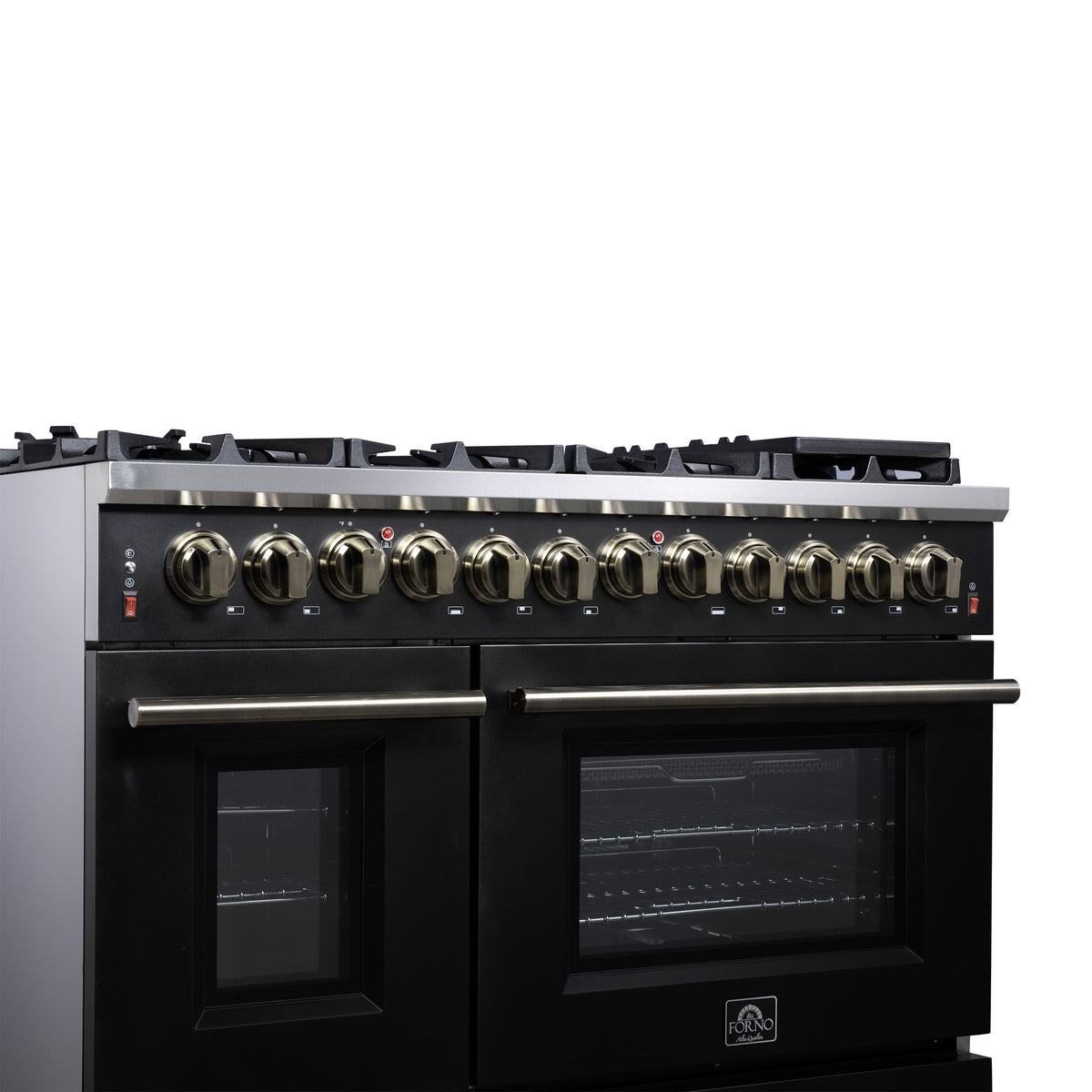 Forno Massimo 48-Inch Freestanding Dual Fuel Range, 6.58 Cu. Ft., 8 Sealed Burners, Air Fryer Kit, Black with Antique Brass, Model FFSGS6125-48BLK