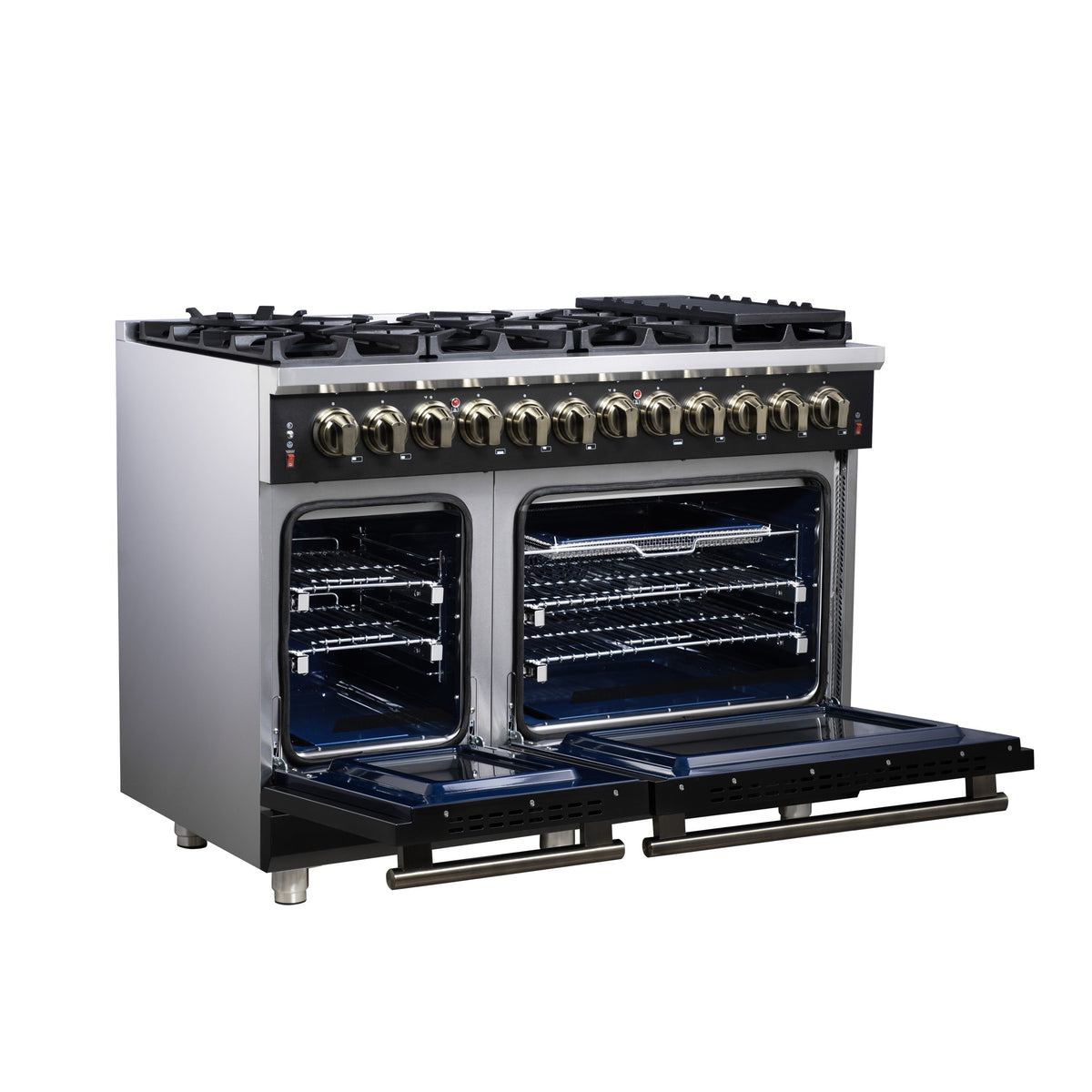 Forno Massimo 48-Inch Freestanding Dual Fuel Range, 6.58 Cu. Ft., 8 Sealed Burners, Air Fryer Kit, Black with Antique Brass, Model FFSGS6125-48BLK