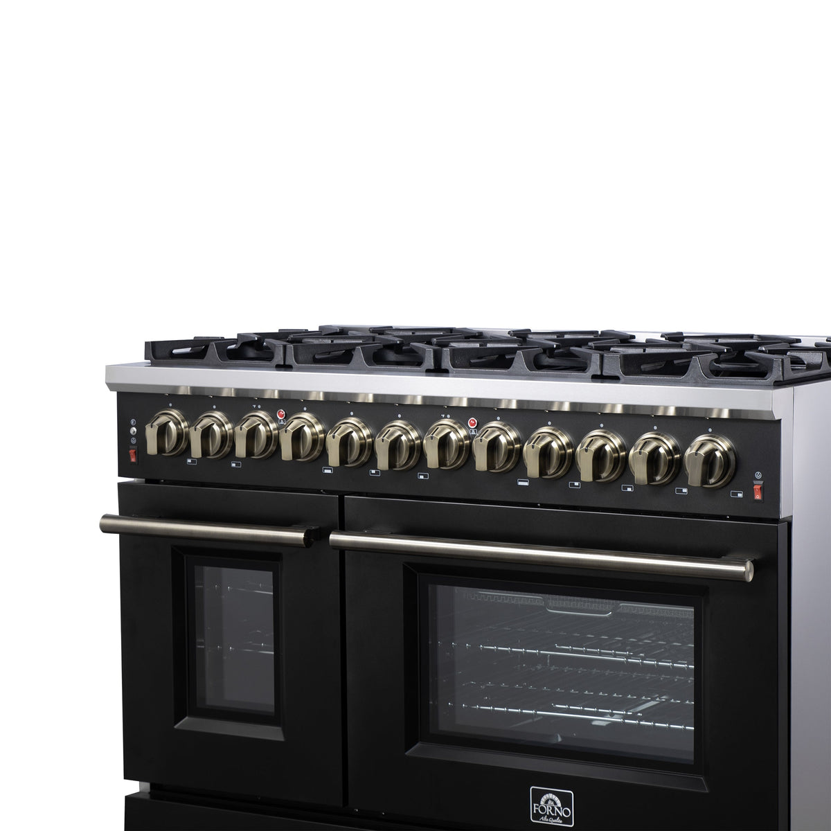 Forno Massimo 48-Inch Freestanding Dual Fuel Range, 6.58 Cu. Ft., 8 Sealed Burners, Air Fryer Kit, Black with Antique Brass, Model FFSGS6125-48BLK