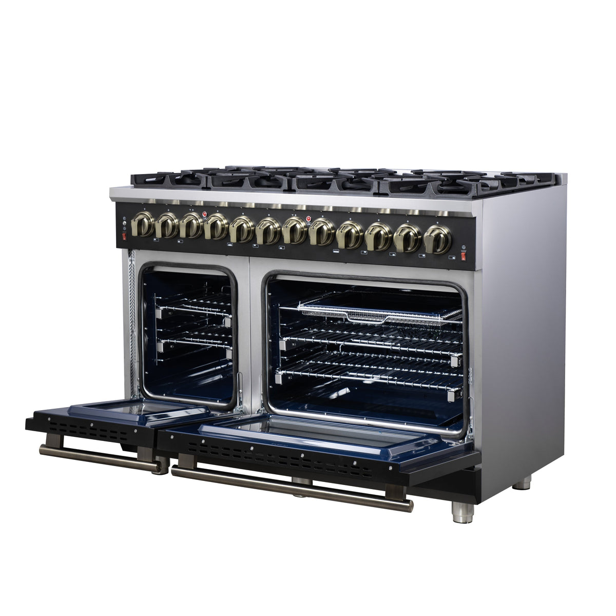 Forno Massimo 48-Inch Freestanding Dual Fuel Range, 6.58 Cu. Ft., 8 Sealed Burners, Air Fryer Kit, Black with Antique Brass, Model FFSGS6125-48BLK