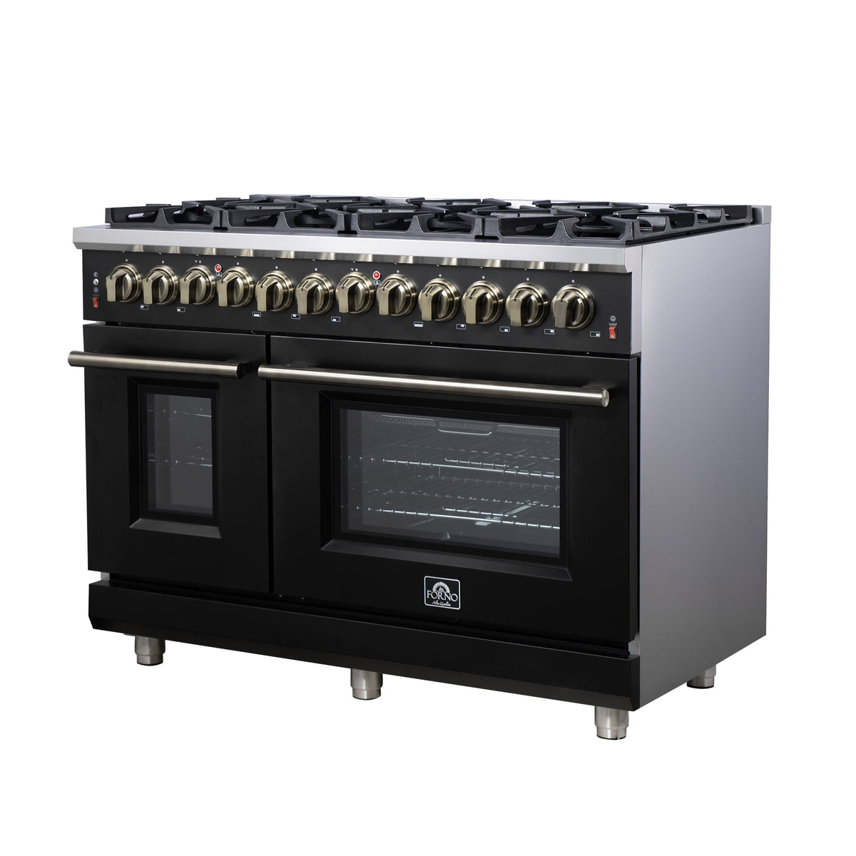 Forno Massimo 48-Inch Freestanding Dual Fuel Range, 6.58 Cu. Ft., 8 Sealed Burners, Air Fryer Kit, Black with Antique Brass, Model FFSGS6125-48BLK
