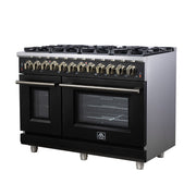 Forno Massimo 48-Inch Freestanding Dual Fuel Range, 6.58 Cu. Ft., 8 Sealed Burners, Air Fryer Kit, Black with Antique Brass, Model FFSGS6125-48BLK