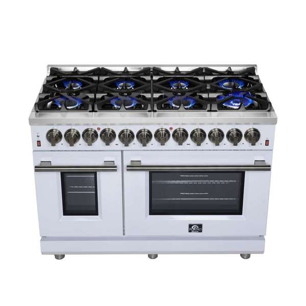 Forno Massimo 48-Inch Freestanding Dual Fuel Range, 6.58 cu. ft. Oven, 8 Sealed Burners, White with Antique Brass Trim (Model FFSGS6125-48WHT)