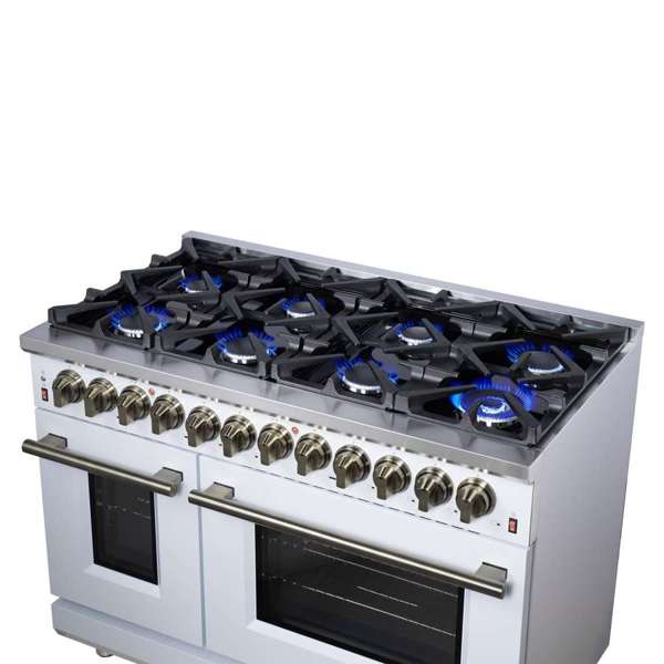 Forno Massimo 48-Inch Freestanding Dual Fuel Range, 6.58 cu. ft. Oven, 8 Sealed Burners, White with Antique Brass Trim (Model FFSGS6125-48WHT)