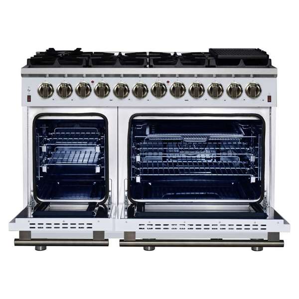 Forno Massimo 48-Inch Freestanding Dual Fuel Range, 6.58 cu. ft. Oven, 8 Sealed Burners, White with Antique Brass Trim (Model FFSGS6125-48WHT)