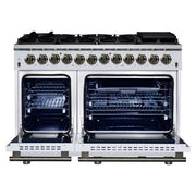 Forno Massimo 48-Inch Freestanding Dual Fuel Range, 6.58 cu. ft. Oven, 8 Sealed Burners, White with Antique Brass Trim (Model FFSGS6125-48WHT)