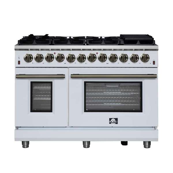 Forno Massimo 48-Inch Freestanding Dual Fuel Range, 6.58 cu. ft. Oven, 8 Sealed Burners, White with Antique Brass Trim (Model FFSGS6125-48WHT)