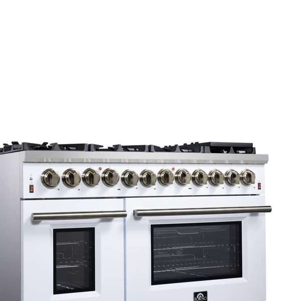 Forno Massimo 48-Inch Freestanding Dual Fuel Range, 6.58 cu. ft. Oven, 8 Sealed Burners, White with Antique Brass Trim (Model FFSGS6125-48WHT)