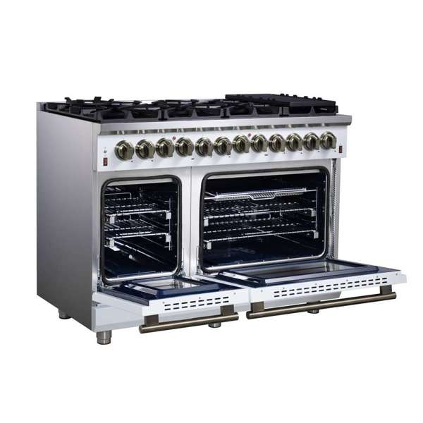 Forno Massimo 48-Inch Freestanding Dual Fuel Range, 6.58 cu. ft. Oven, 8 Sealed Burners, White with Antique Brass Trim (Model FFSGS6125-48WHT)