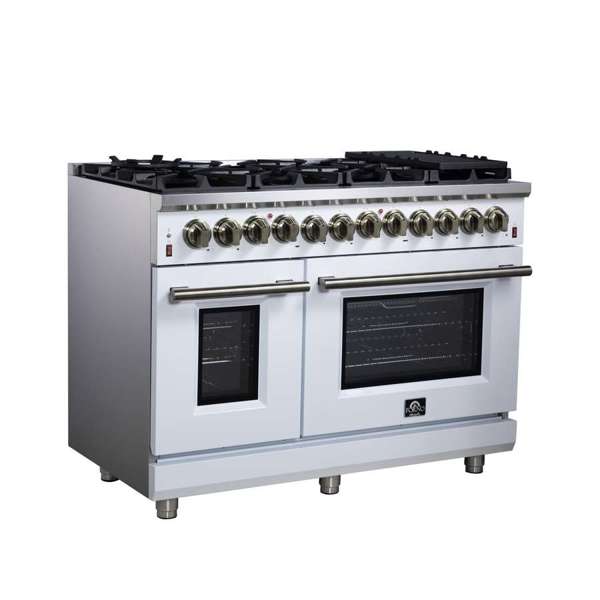 Forno Massimo 48-Inch Freestanding Dual Fuel Range, 6.58 cu. ft. Oven, 8 Sealed Burners, White with Antique Brass Trim (Model FFSGS6125-48WHT)