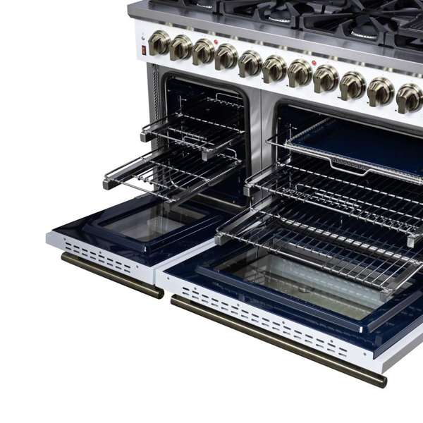 Forno Massimo 48-Inch Freestanding Dual Fuel Range, 6.58 cu. ft. Oven, 8 Sealed Burners, White with Antique Brass Trim (Model FFSGS6125-48WHT)