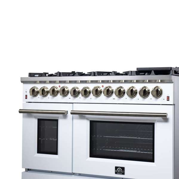 Forno Massimo 48-Inch Freestanding Dual Fuel Range, 6.58 cu. ft. Oven, 8 Sealed Burners, White with Antique Brass Trim (Model FFSGS6125-48WHT)