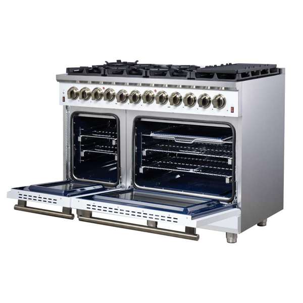 Forno Massimo 48-Inch Freestanding Dual Fuel Range, 6.58 cu. ft. Oven, 8 Sealed Burners, White with Antique Brass Trim (Model FFSGS6125-48WHT)