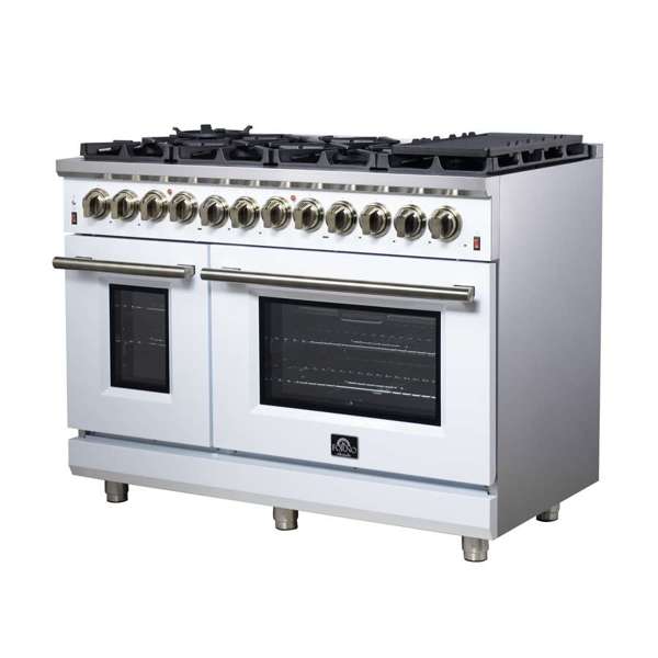 Forno Massimo 48-Inch Freestanding Dual Fuel Range, 6.58 cu. ft. Oven, 8 Sealed Burners, White with Antique Brass Trim (Model FFSGS6125-48WHT)