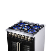 Forno Capriasca 30-Inch French Door Dual Fuel Range, 4.32 cu. ft., 5 Sealed Brass Burners, Air Fryer, Rotisserie, Griddle, Black with Antique Brass Accents (FFSGS6387-30BLK)