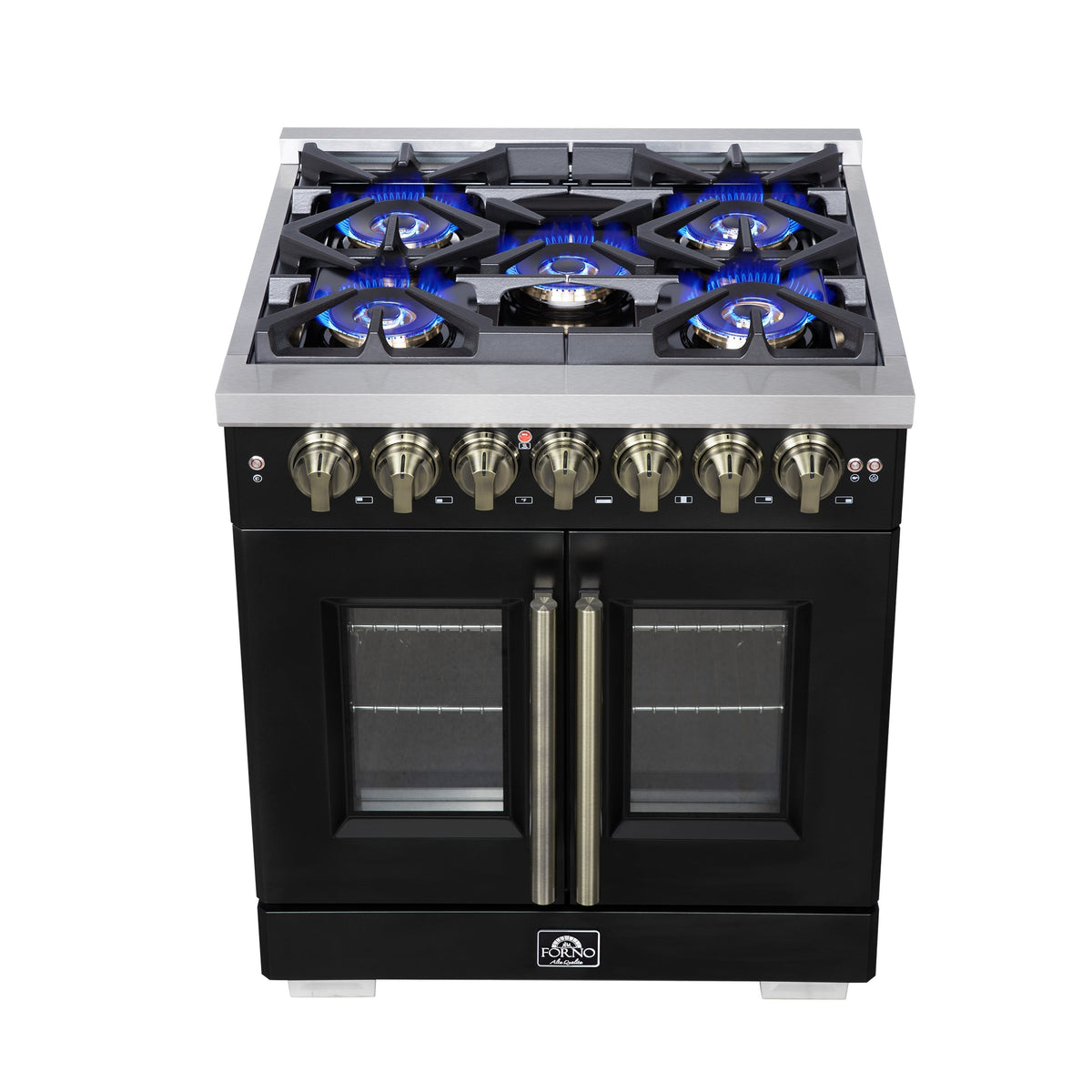 Forno Capriasca 30-Inch French Door Dual Fuel Range, 4.32 cu. ft., 5 Sealed Brass Burners, Air Fryer, Rotisserie, Griddle, Black with Antique Brass Accents (FFSGS6387-30BLK)