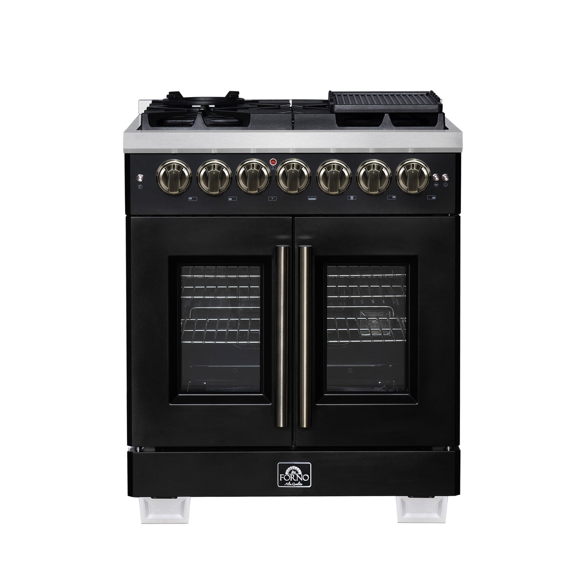 Forno Capriasca 30-Inch French Door Dual Fuel Range, 4.32 cu. ft., 5 Sealed Brass Burners, Air Fryer, Rotisserie, Griddle, Black with Antique Brass Accents (FFSGS6387-30BLK)