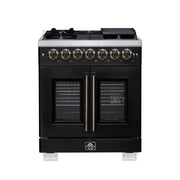 Forno Capriasca 30-Inch French Door Dual Fuel Range, 4.32 cu. ft., 5 Sealed Brass Burners, Air Fryer, Rotisserie, Griddle, Black with Antique Brass Accents (FFSGS6387-30BLK)