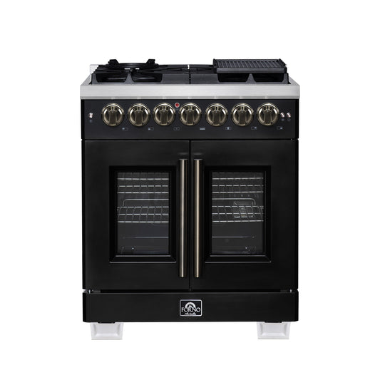 Forno Capriasca 30-Inch French Door Dual Fuel Range, 4.32 cu. ft., 5 Sealed Brass Burners, Air Fryer, Rotisserie, Griddle, Black with Antique Brass Accents (FFSGS6387-30BLK)