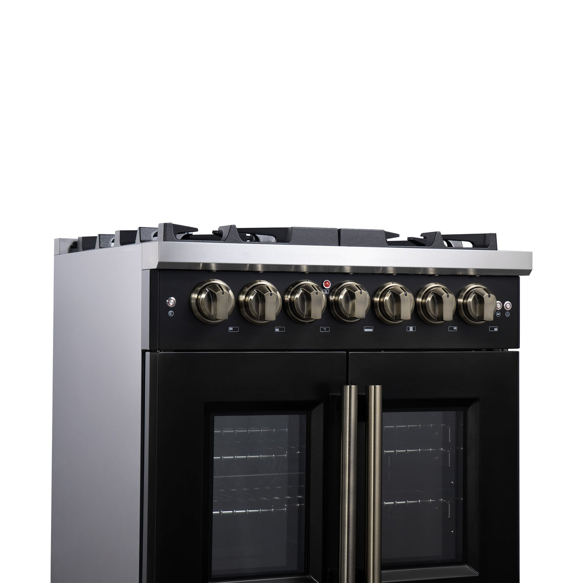 Forno Capriasca 30-Inch French Door Dual Fuel Range, 4.32 cu. ft., 5 Sealed Brass Burners, Air Fryer, Rotisserie, Griddle, Black with Antique Brass Accents (FFSGS6387-30BLK)