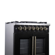 Forno Capriasca 30-Inch French Door Dual Fuel Range, 4.32 cu. ft., 5 Sealed Brass Burners, Air Fryer, Rotisserie, Griddle, Black with Antique Brass Accents (FFSGS6387-30BLK)