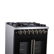 Forno Capriasca 30-Inch French Door Dual Fuel Range, 4.32 cu. ft., 5 Sealed Brass Burners, Air Fryer, Rotisserie, Griddle, Black with Antique Brass Accents (FFSGS6387-30BLK)