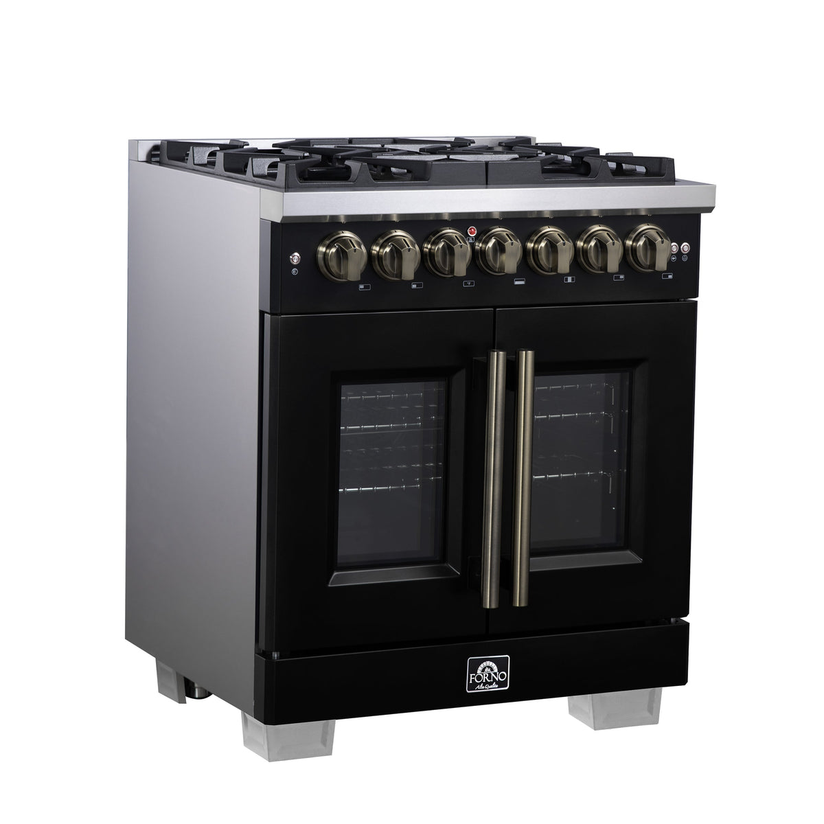 Forno Capriasca 30-Inch French Door Dual Fuel Range, 4.32 cu. ft., 5 Sealed Brass Burners, Air Fryer, Rotisserie, Griddle, Black with Antique Brass Accents (FFSGS6387-30BLK)