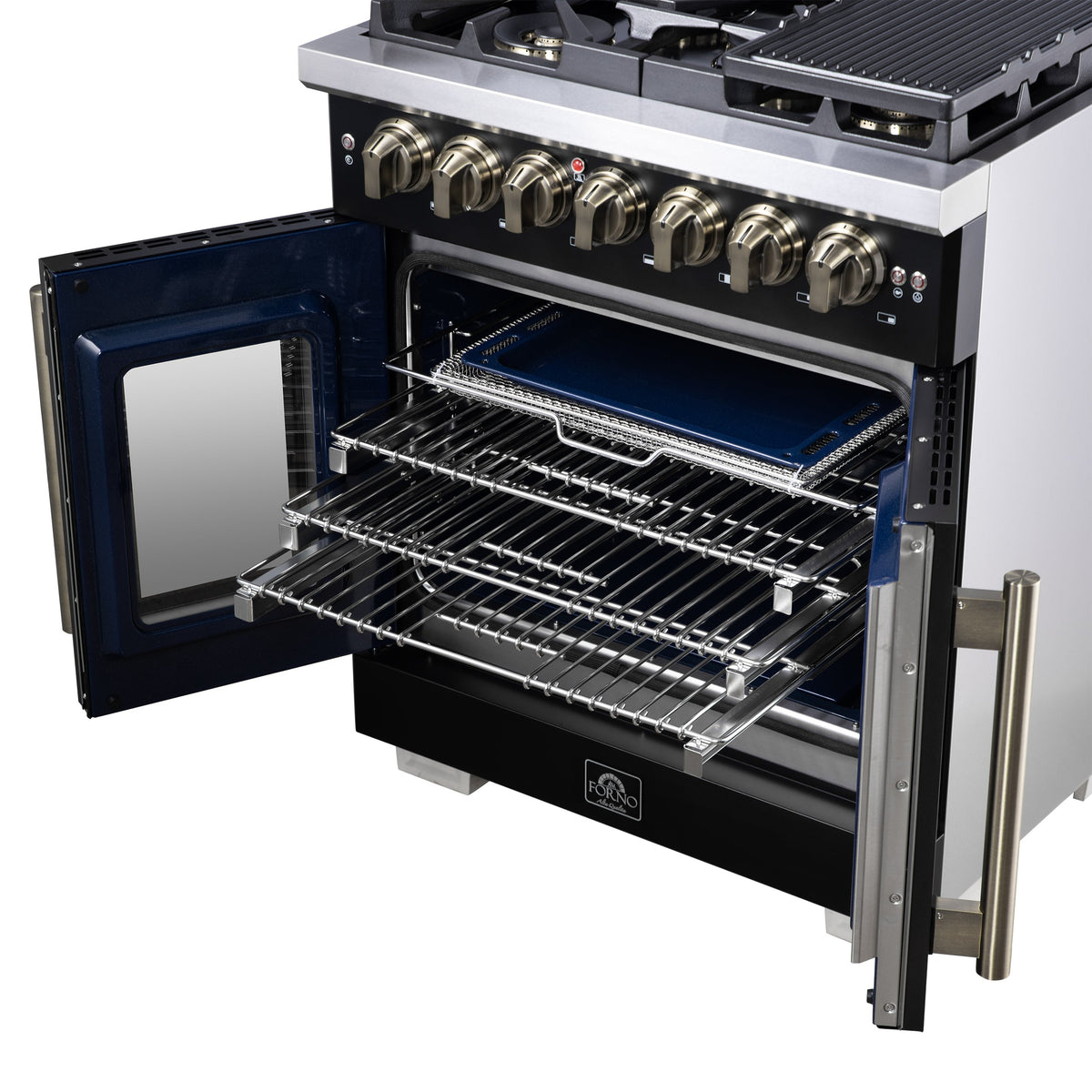 Forno Capriasca 30-Inch French Door Dual Fuel Range, 4.32 cu. ft., 5 Sealed Brass Burners, Air Fryer, Rotisserie, Griddle, Black with Antique Brass Accents (FFSGS6387-30BLK)