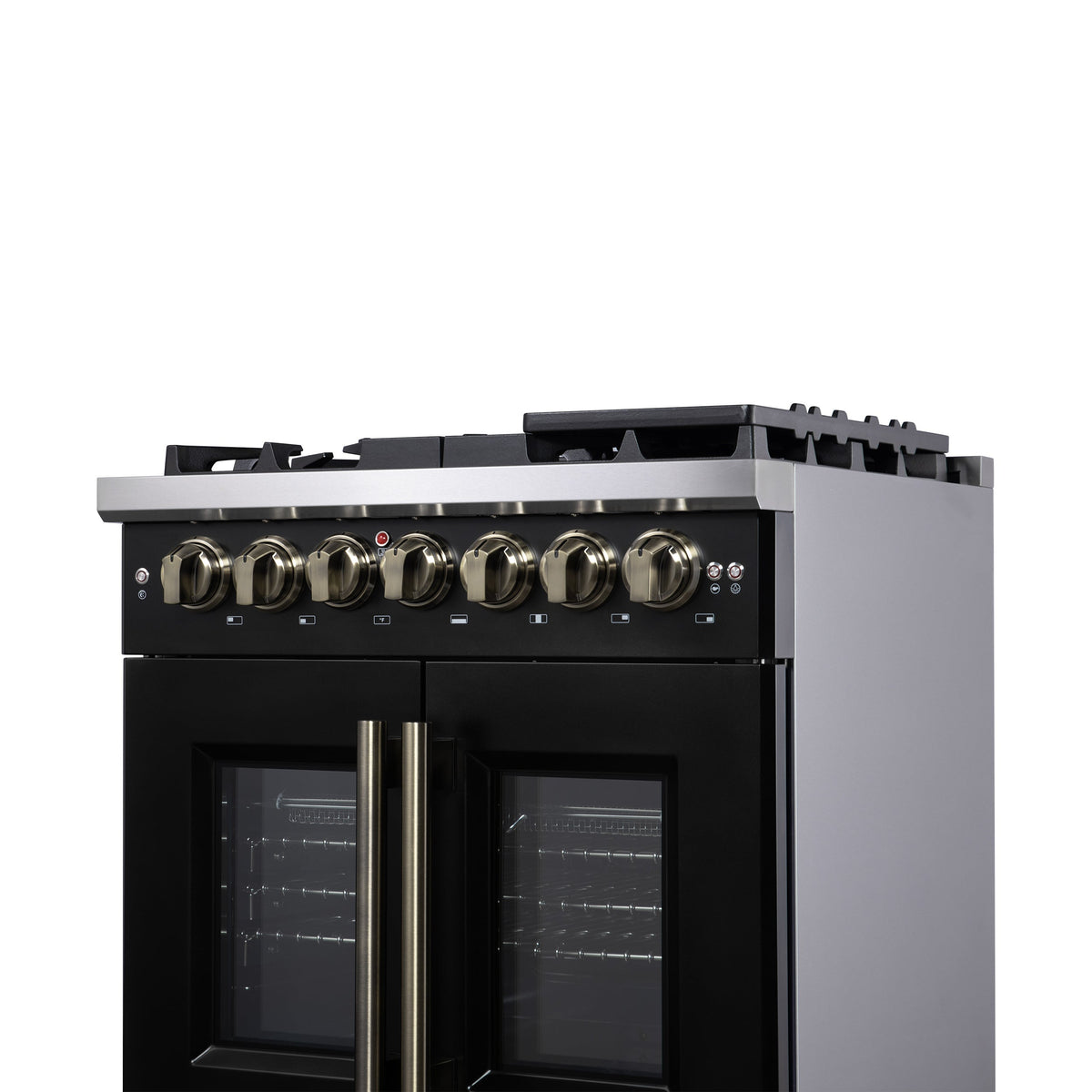 Forno Capriasca 30-Inch French Door Dual Fuel Range, 4.32 cu. ft., 5 Sealed Brass Burners, Air Fryer, Rotisserie, Griddle, Black with Antique Brass Accents (FFSGS6387-30BLK)