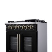 Forno Capriasca 30-Inch French Door Dual Fuel Range, 4.32 cu. ft., 5 Sealed Brass Burners, Air Fryer, Rotisserie, Griddle, Black with Antique Brass Accents (FFSGS6387-30BLK)