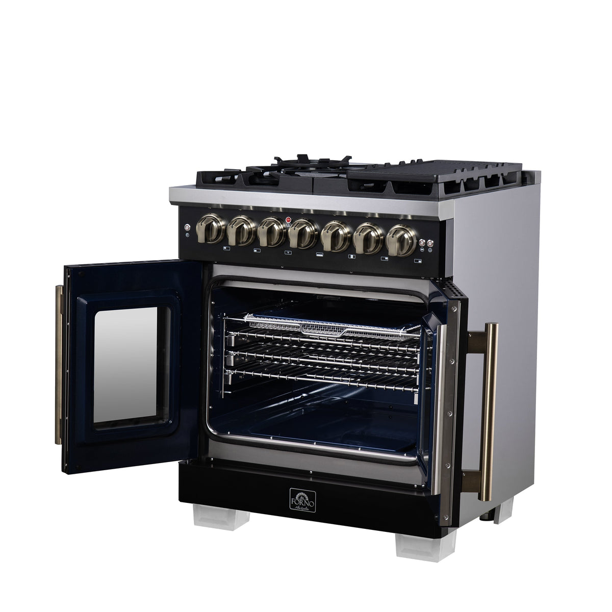 Forno Capriasca 30-Inch French Door Dual Fuel Range, 4.32 cu. ft., 5 Sealed Brass Burners, Air Fryer, Rotisserie, Griddle, Black with Antique Brass Accents (FFSGS6387-30BLK)