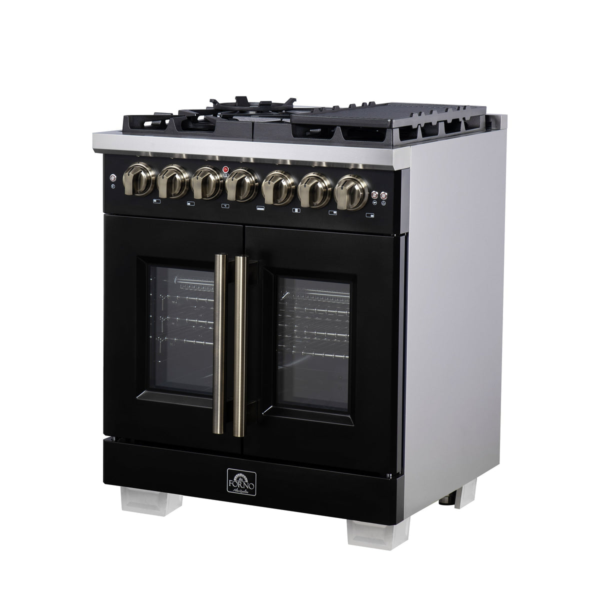 Forno Capriasca 30-Inch French Door Dual Fuel Range, 4.32 cu. ft., 5 Sealed Brass Burners, Air Fryer, Rotisserie, Griddle, Black with Antique Brass Accents (FFSGS6387-30BLK)