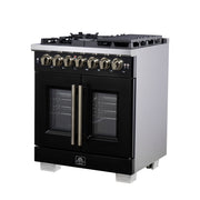 Forno Capriasca 30-Inch French Door Dual Fuel Range, 4.32 cu. ft., 5 Sealed Brass Burners, Air Fryer, Rotisserie, Griddle, Black with Antique Brass Accents (FFSGS6387-30BLK)