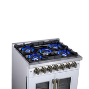 Forno Capriasca 30-Inch Freestanding Dual Fuel Range, 4.32 cu. ft. Oven, 5 Sealed Brass Burners, French Door, White with Antique Brass Accents (Model FFSGS6387-30WHT)