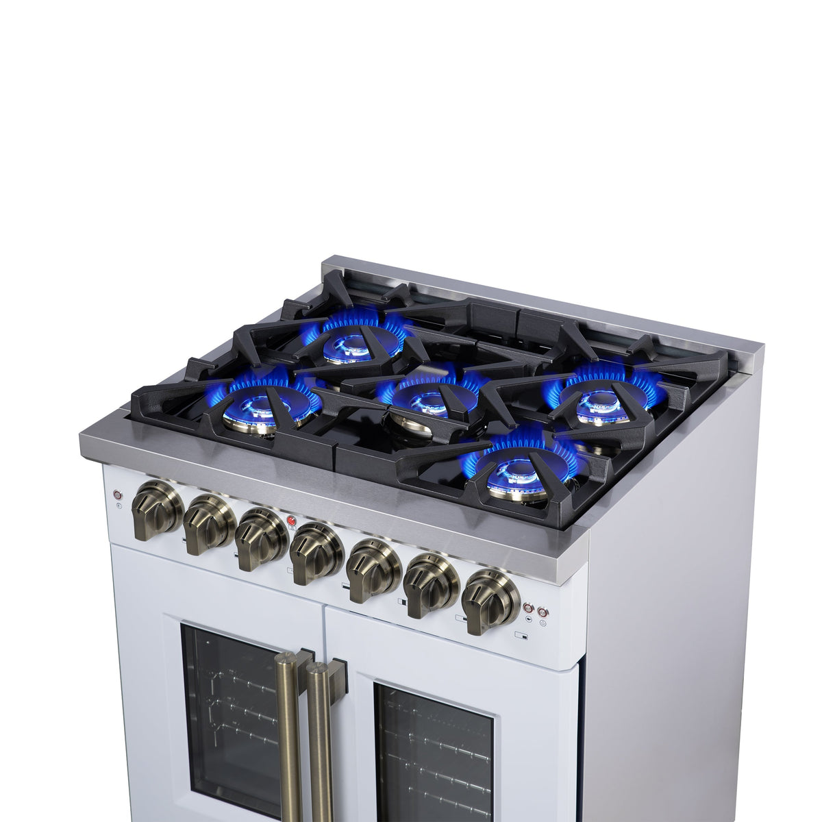Forno Capriasca 30-Inch Freestanding Dual Fuel Range, 4.32 cu. ft. Oven, 5 Sealed Brass Burners, French Door, White with Antique Brass Accents (Model FFSGS6387-30WHT)