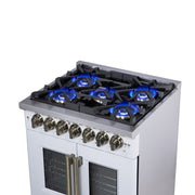 Forno Capriasca 30-Inch Freestanding Dual Fuel Range, 4.32 cu. ft. Oven, 5 Sealed Brass Burners, French Door, White with Antique Brass Accents (Model FFSGS6387-30WHT)