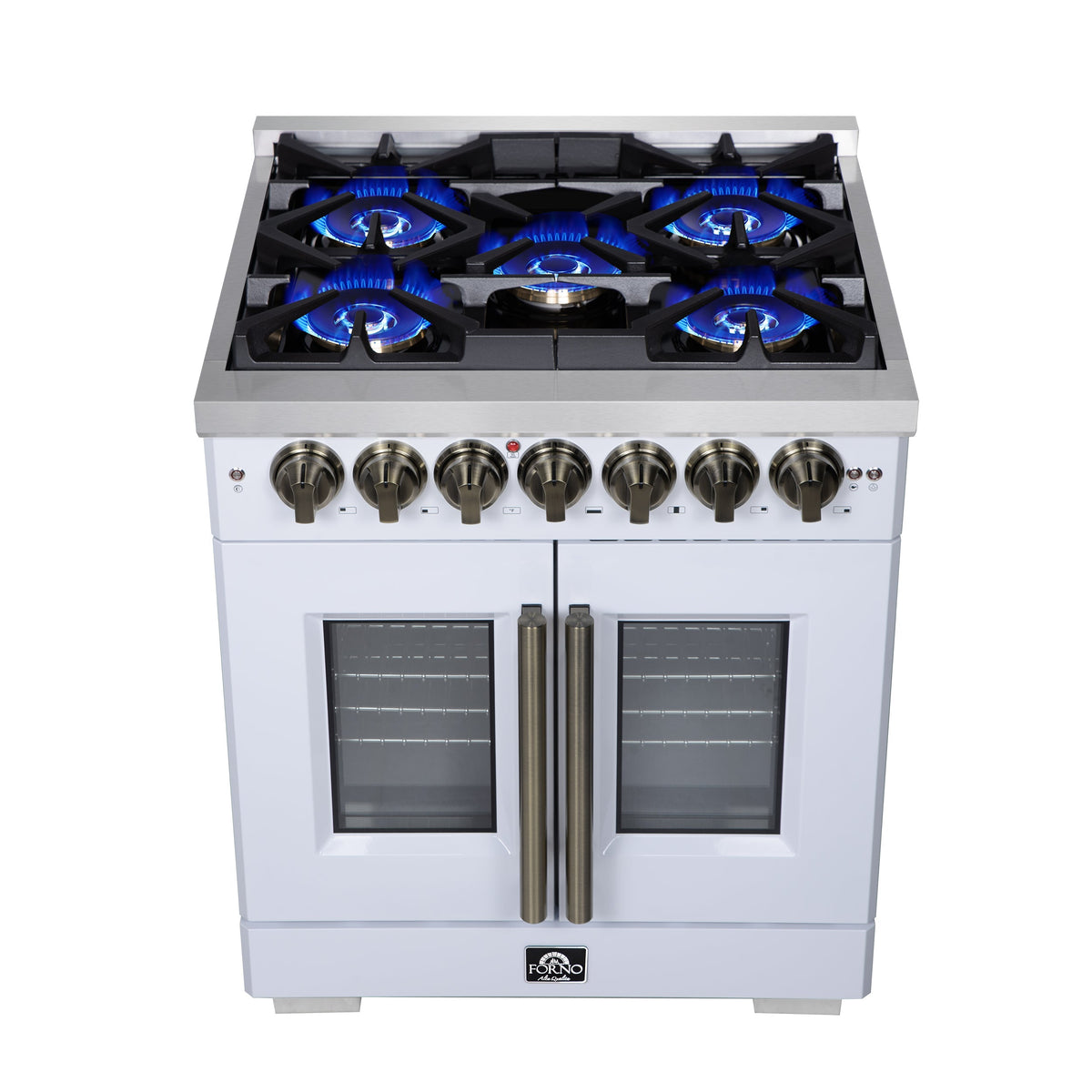 Forno Capriasca 30-Inch Freestanding Dual Fuel Range, 4.32 cu. ft. Oven, 5 Sealed Brass Burners, French Door, White with Antique Brass Accents (Model FFSGS6387-30WHT)