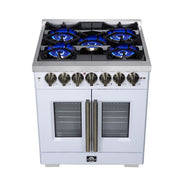 Forno Capriasca 30-Inch Freestanding Dual Fuel Range, 4.32 cu. ft. Oven, 5 Sealed Brass Burners, French Door, White with Antique Brass Accents (Model FFSGS6387-30WHT)