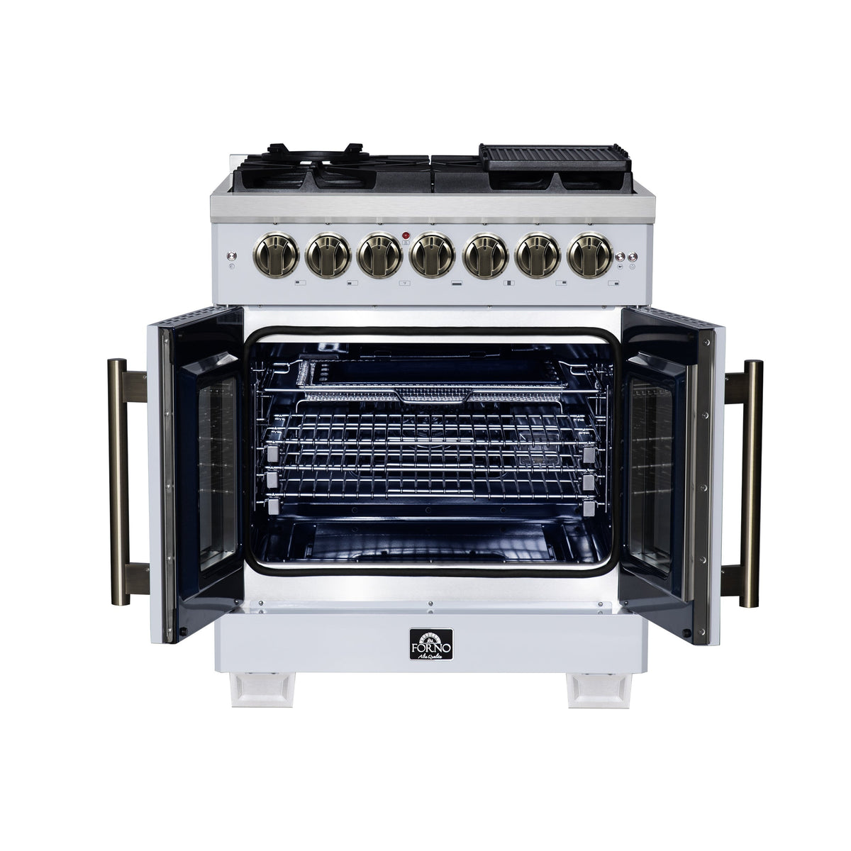 Forno Capriasca 30-Inch Freestanding Dual Fuel Range, 4.32 cu. ft. Oven, 5 Sealed Brass Burners, French Door, White with Antique Brass Accents (Model FFSGS6387-30WHT)