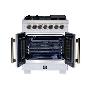 Forno Capriasca 30-Inch Freestanding Dual Fuel Range, 4.32 cu. ft. Oven, 5 Sealed Brass Burners, French Door, White with Antique Brass Accents (Model FFSGS6387-30WHT)