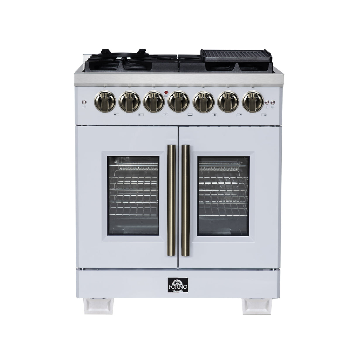 Forno Capriasca 30-Inch Freestanding Dual Fuel Range, 4.32 cu. ft. Oven, 5 Sealed Brass Burners, French Door, White with Antique Brass Accents (Model FFSGS6387-30WHT)
