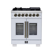 Forno Capriasca 30-Inch Freestanding Dual Fuel Range, 4.32 cu. ft. Oven, 5 Sealed Brass Burners, French Door, White with Antique Brass Accents (Model FFSGS6387-30WHT)