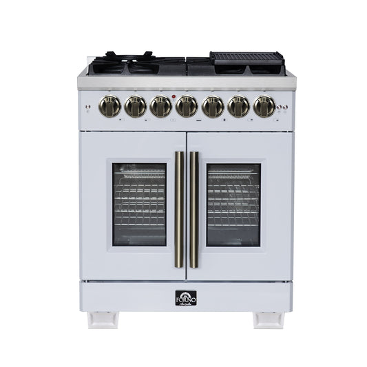 Forno Capriasca 30-Inch Freestanding Dual Fuel Range, 4.32 cu. ft. Oven, 5 Sealed Brass Burners, French Door, White with Antique Brass Accents (Model FFSGS6387-30WHT)