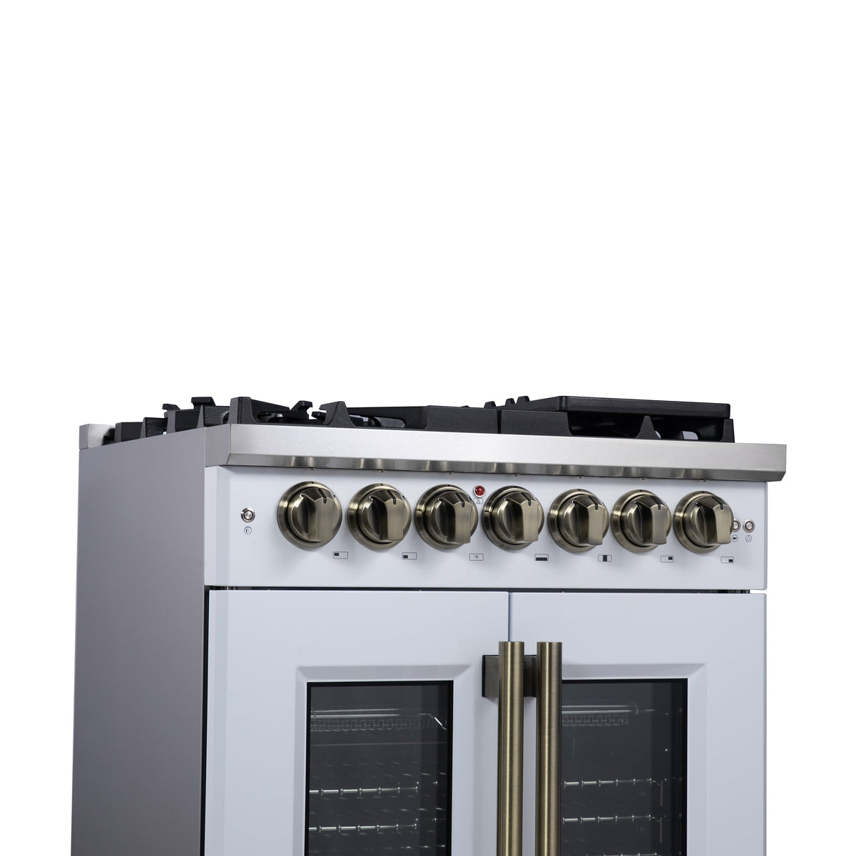 Forno Capriasca 30-Inch Freestanding Dual Fuel Range, 4.32 cu. ft. Oven, 5 Sealed Brass Burners, French Door, White with Antique Brass Accents (Model FFSGS6387-30WHT)