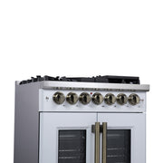 Forno Capriasca 30-Inch Freestanding Dual Fuel Range, 4.32 cu. ft. Oven, 5 Sealed Brass Burners, French Door, White with Antique Brass Accents (Model FFSGS6387-30WHT)